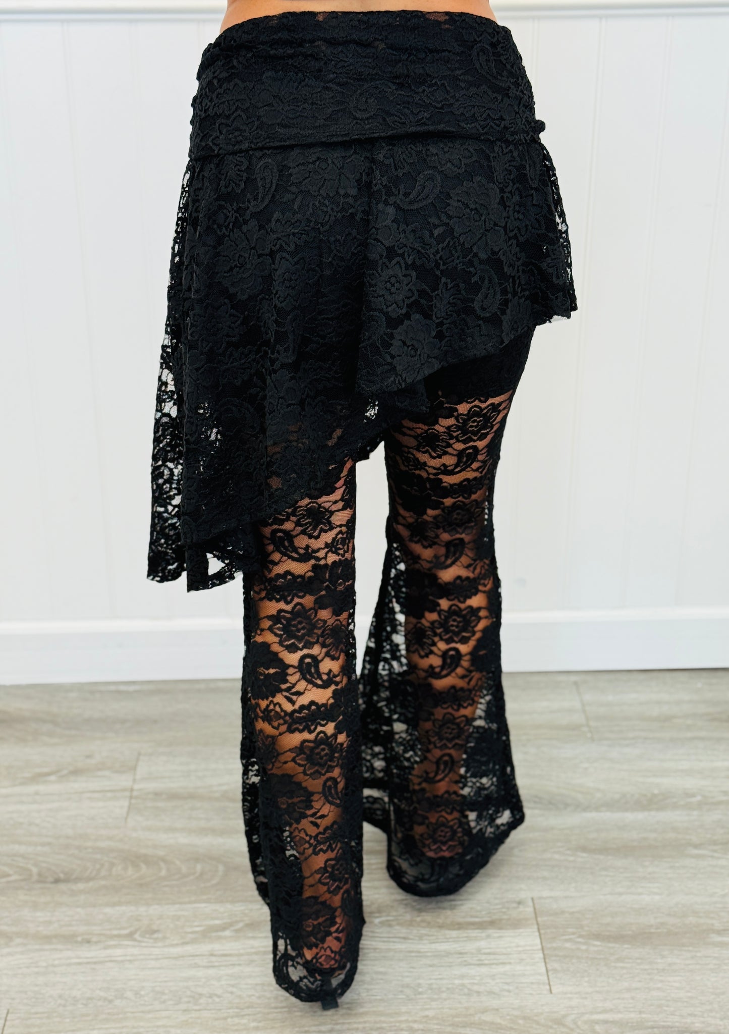 Black Lace Asymmetric Skirt Layered Over Flare Pants (Reg. & Plus)