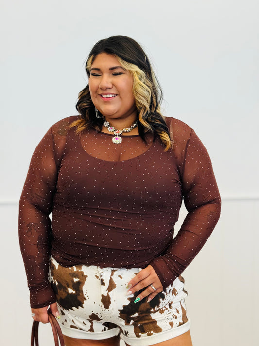 Brown Rhinestone Mesh Top (Reg. & Plus)