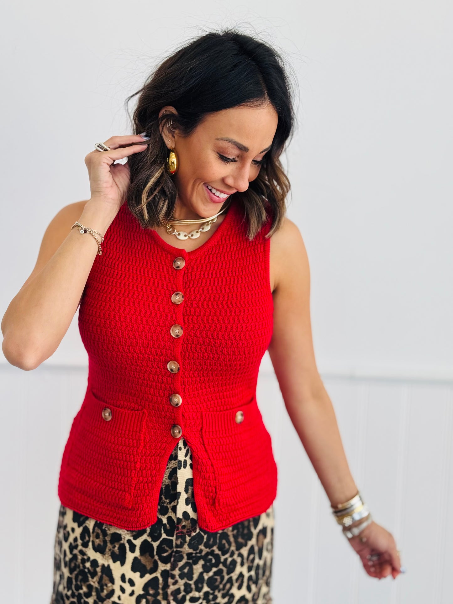 Red Button Down Sweater Vest Top (Reg.)