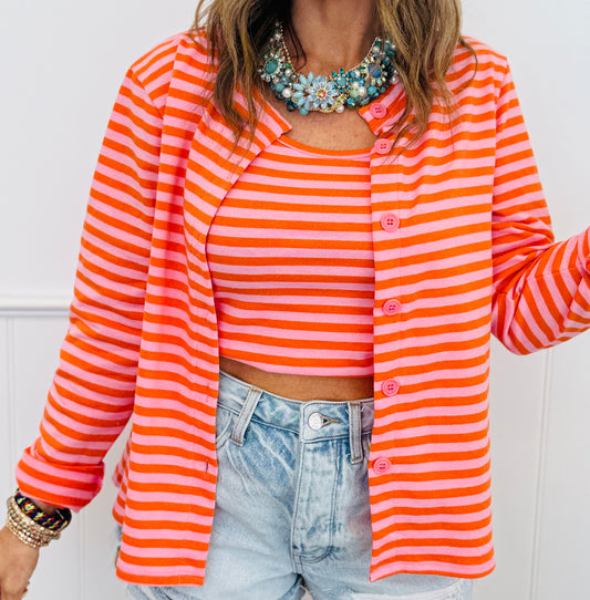 Orange/Pink Striped Cami Top & Button Up Cardigan (One Size)