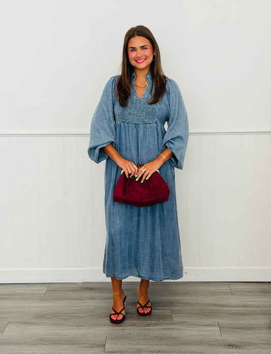 Dark Denim Smocked Midi Dress (Reg & Plus)