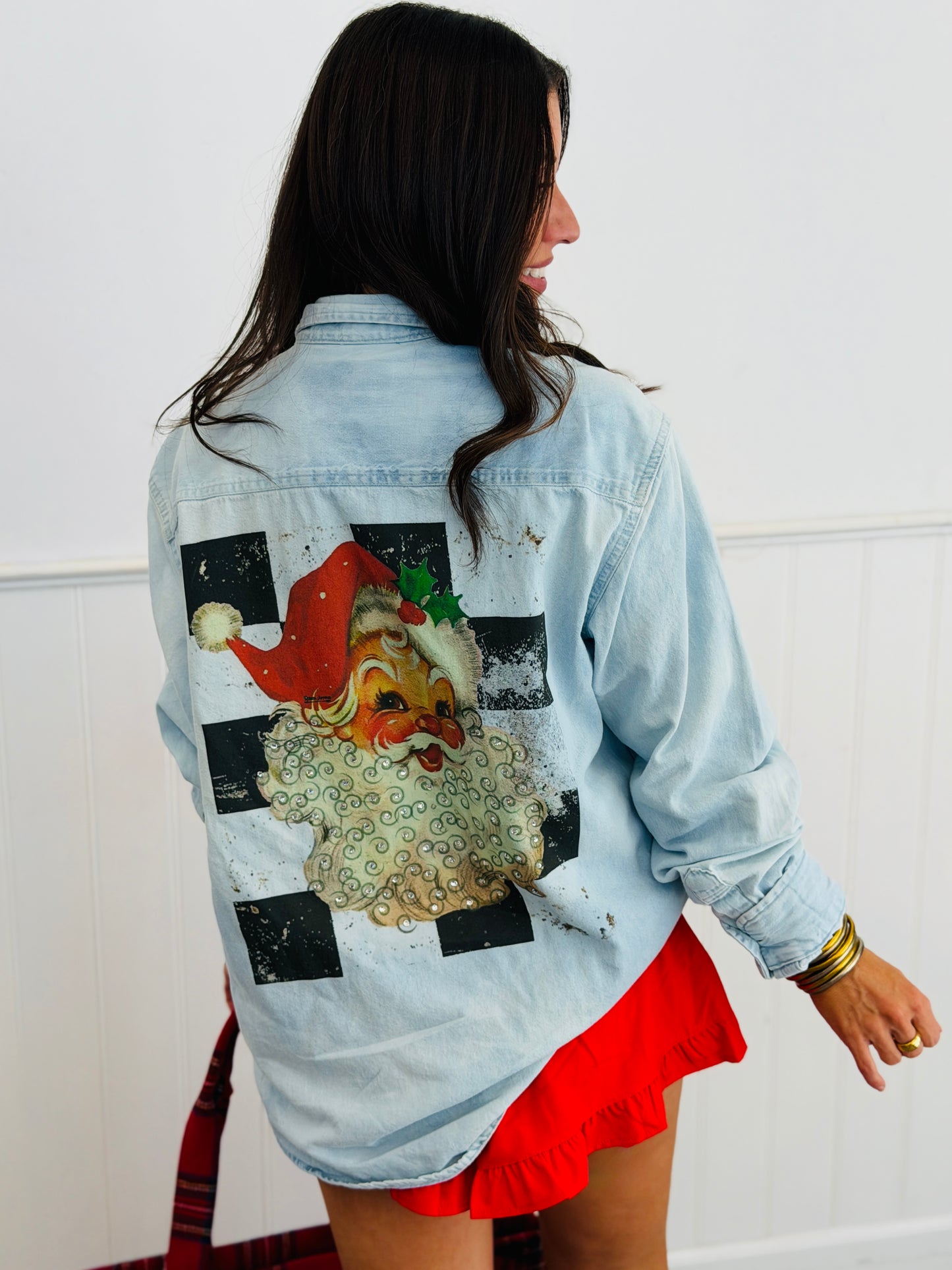 Denim Checkered Santa Rhinestone Button Up Top (Reg. and Plus)