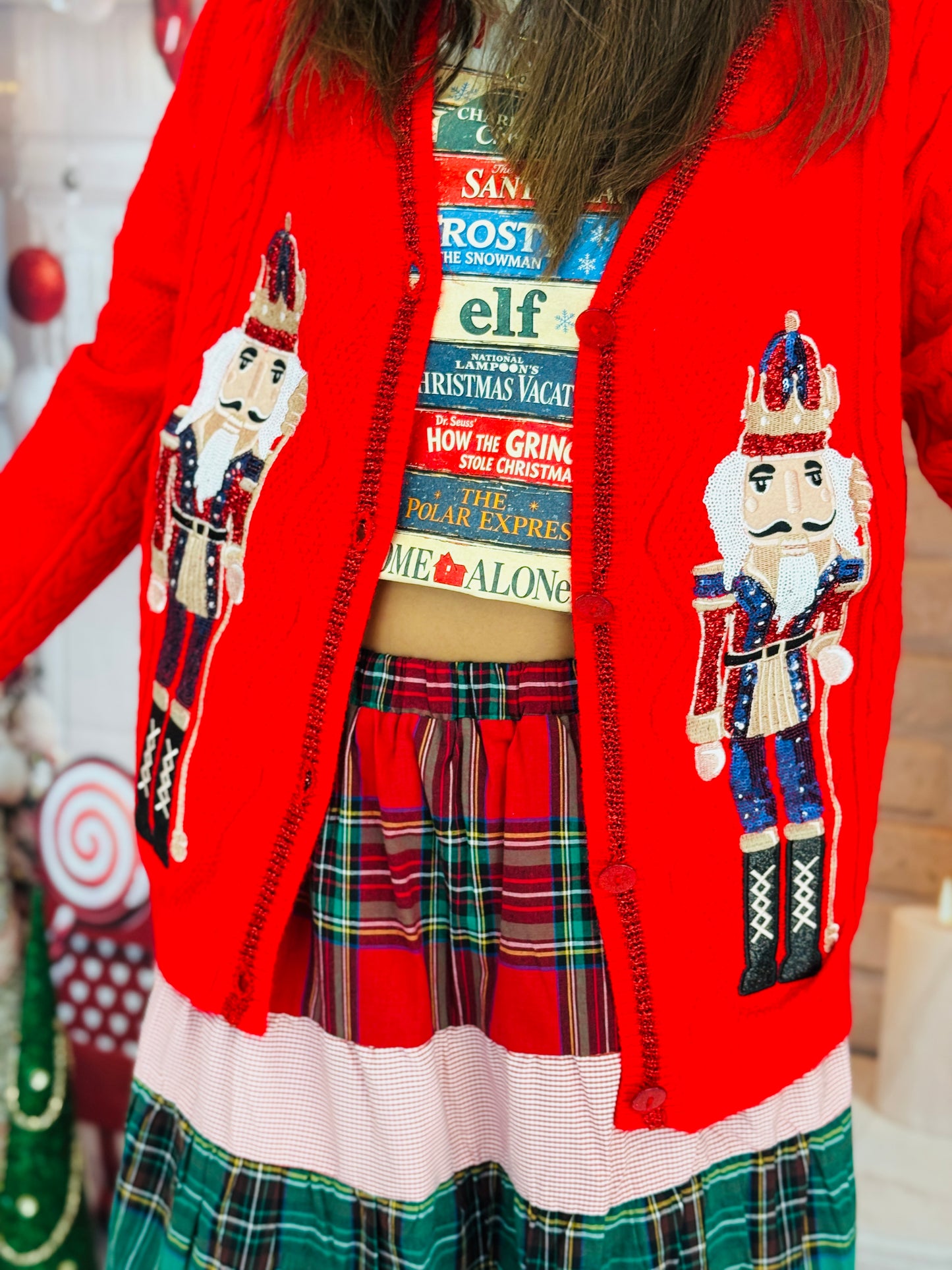 Red Nutcracker Embroidered Button Up Cardigan (Reg. and Plus)