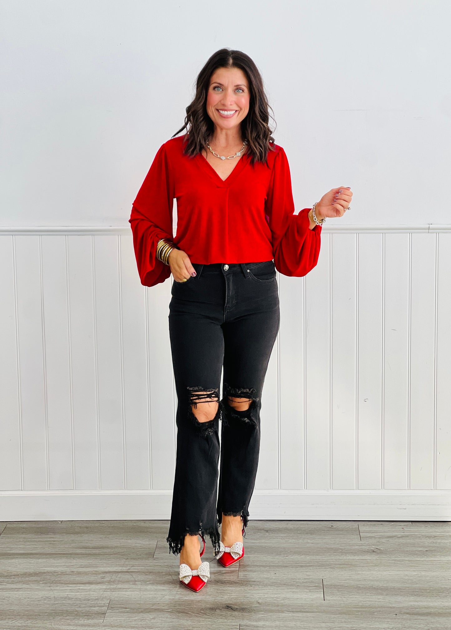 Casual V-neck Long Sleeve Top (Reg. and Plus) - 3 Colors