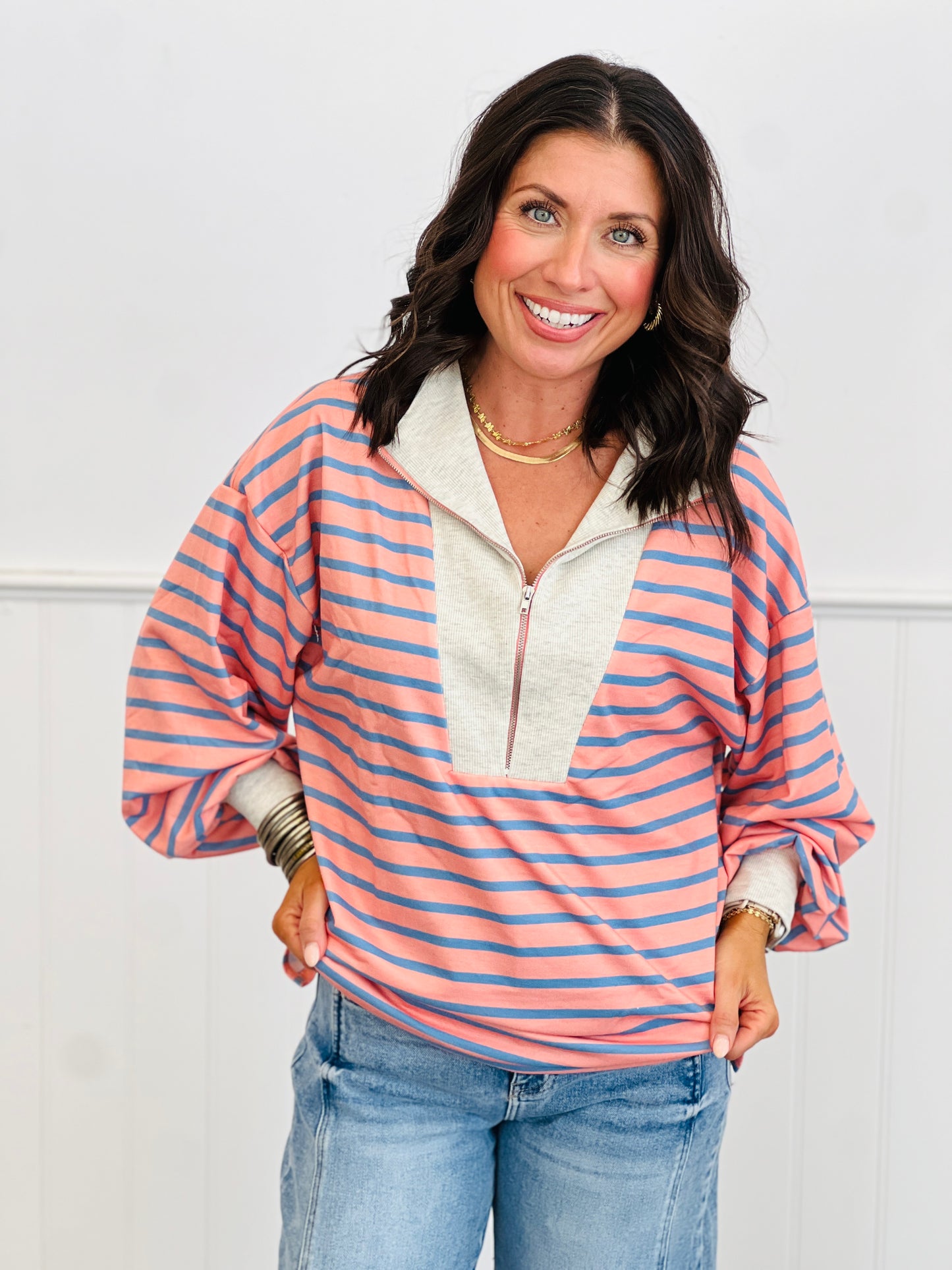 Relaxed Half Zip Striped Pullover (Reg. and Plus) - 2 Colors