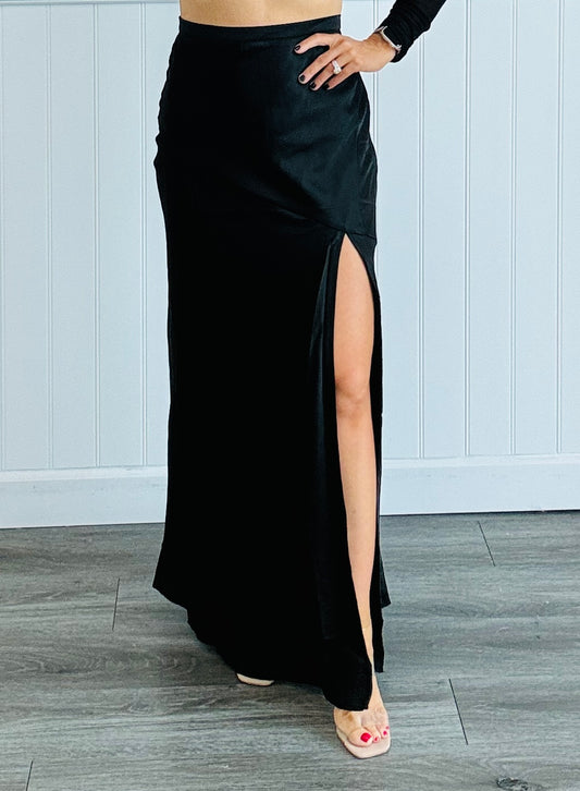 Satin Asymmetrical Side Slit Maxi Skirt ( Reg.)