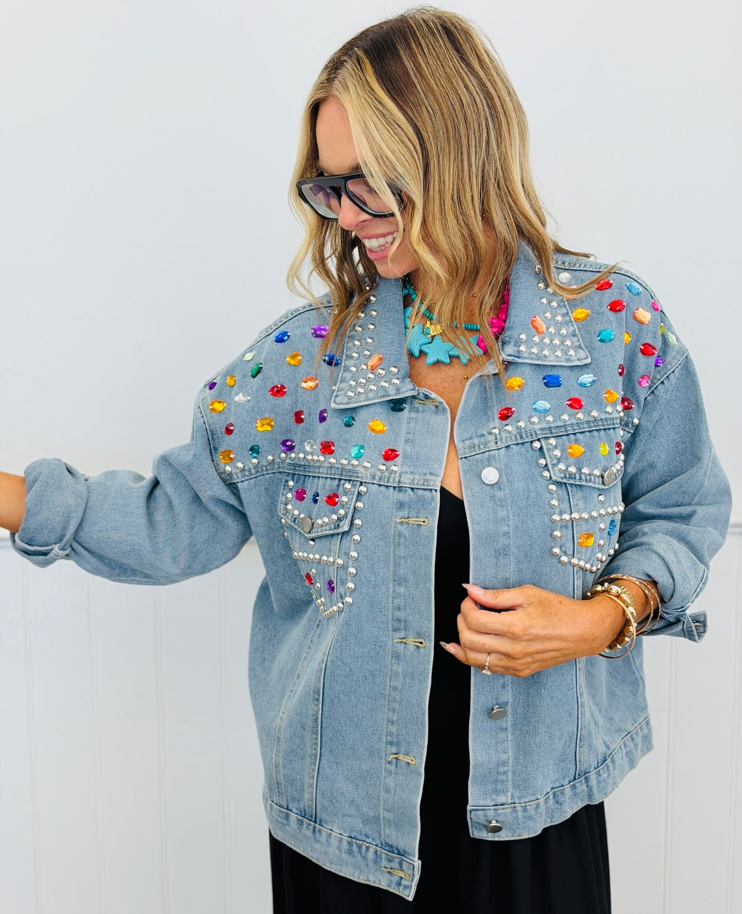 Light Denim Studded Jewels Button Up Jacket (Reg & Plus)