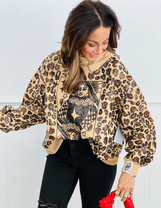 Queen Of Sparkles Tan Leopard Card Logo Mock Neck Sweatshirt (Reg. and Plus)