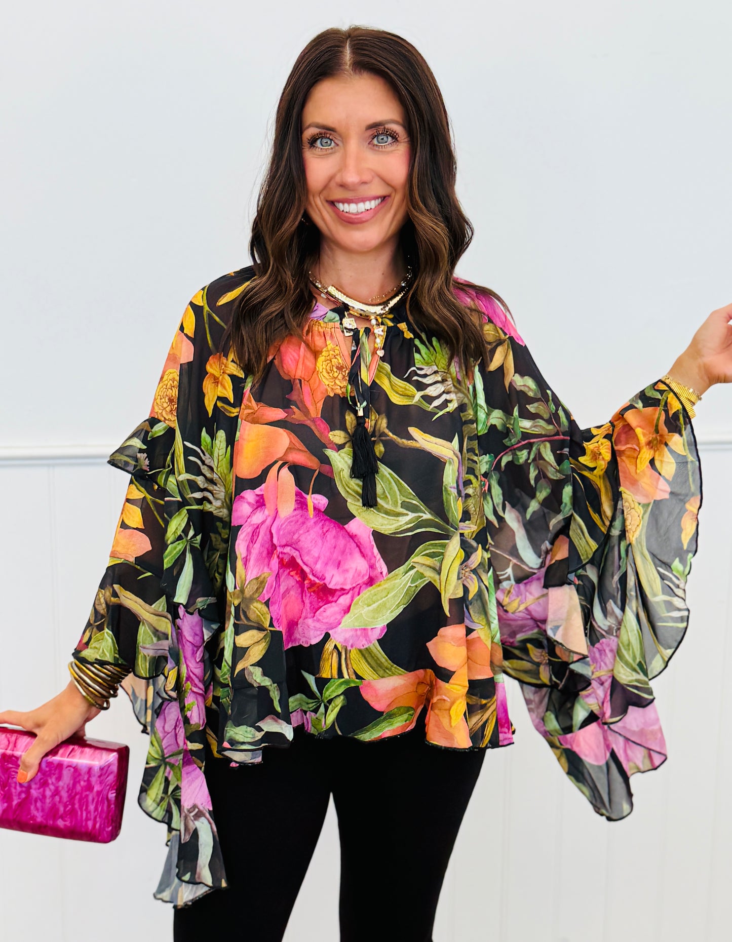 Black Multi Floral Ruffle Sleeves Blouse (Reg. and Plus)