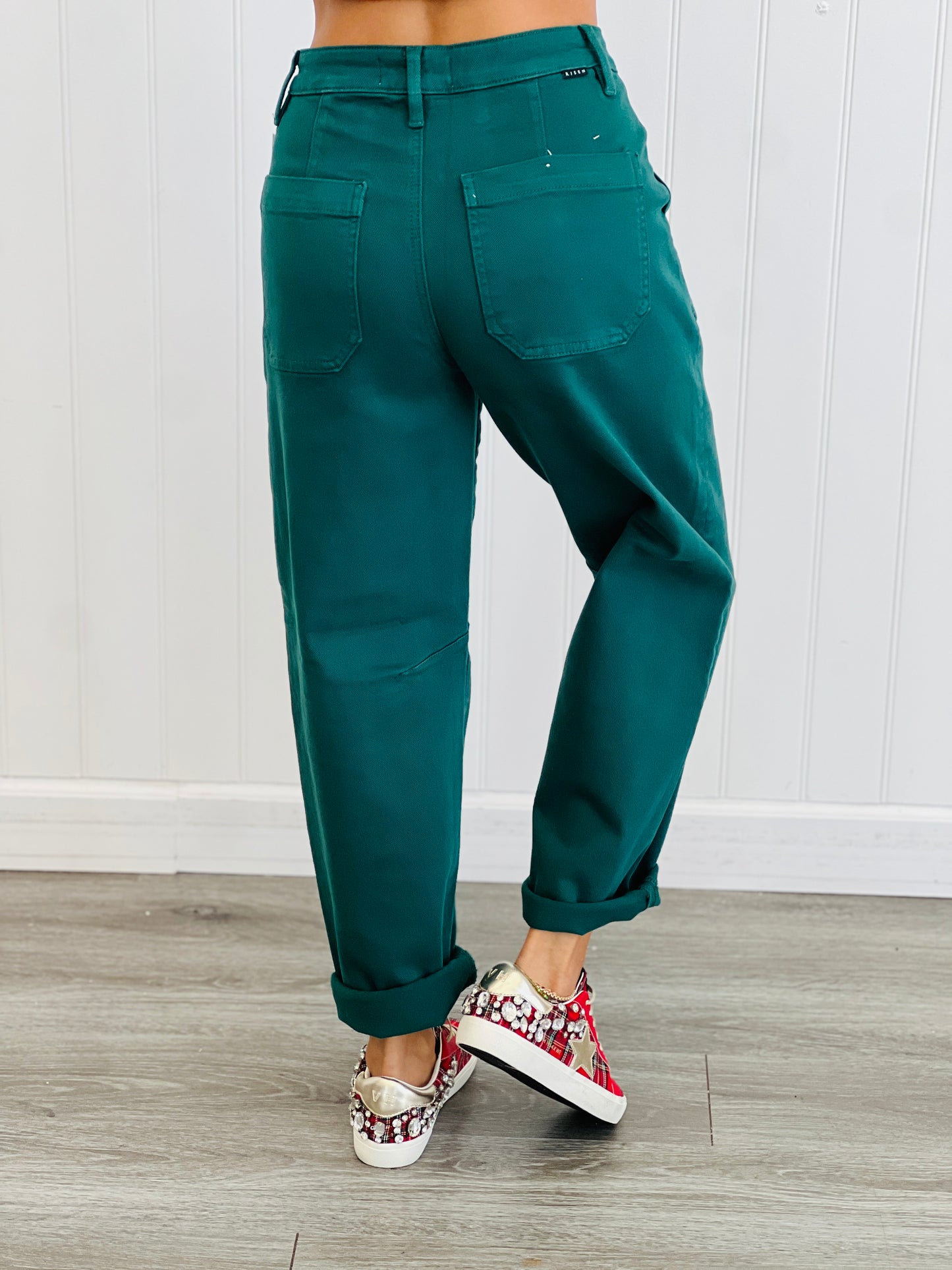 Risen On The Hunt-er Green Cuffed Barrel Jeans (Reg & Plus)