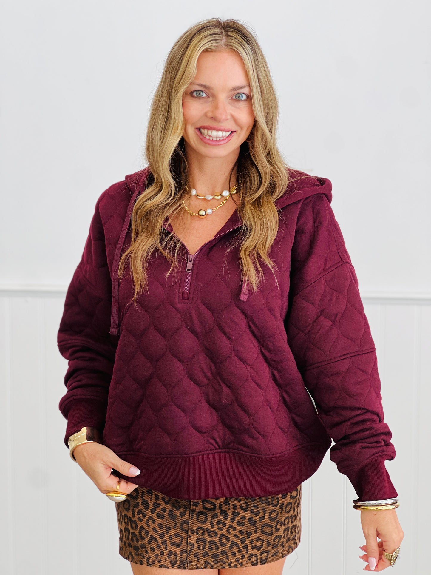 Dark Cherry Quilted Quarter Zip Up Hoodie Jacket (Reg.)