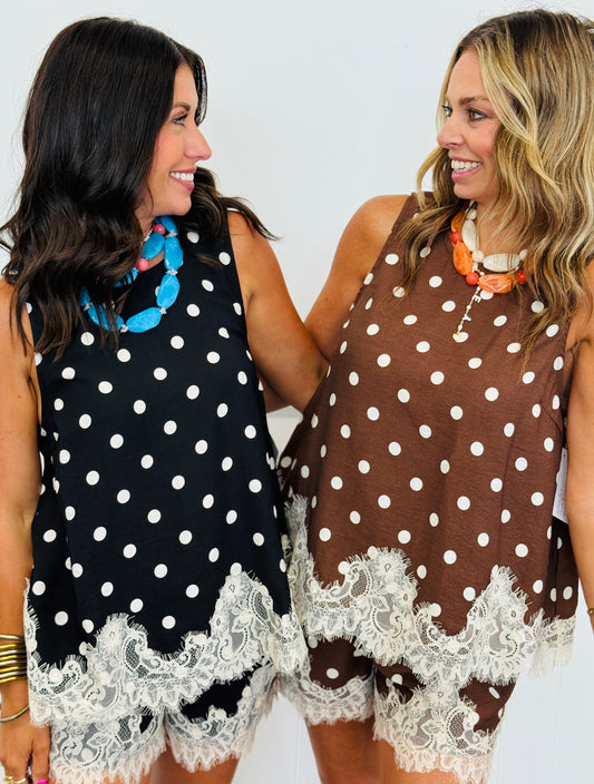Sleeveless Scallop Lace Trim Polka Dot Top (Reg.) - 2 Colors