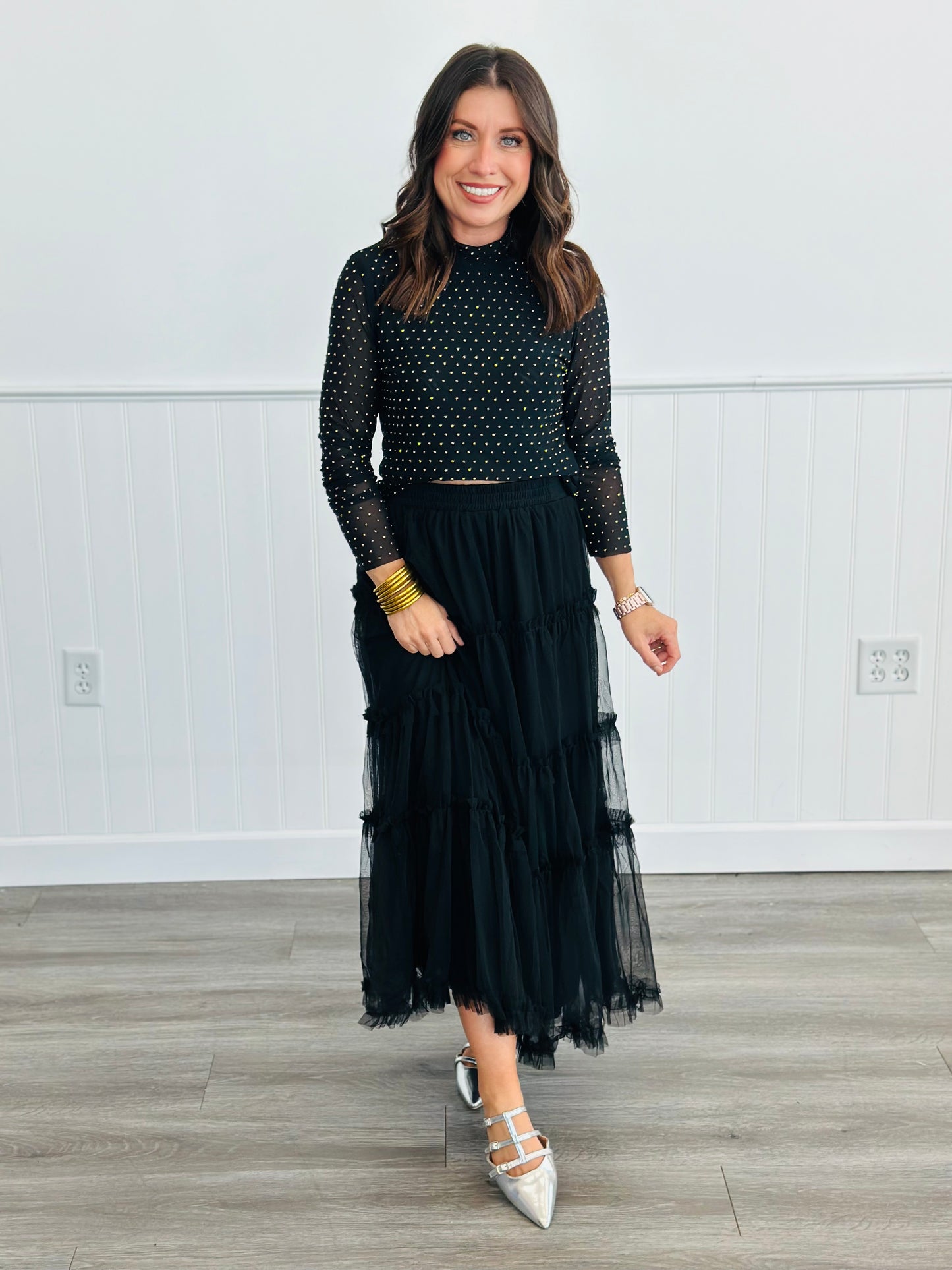 Black Tulle Mesh Ruffle Midi Skirt (Reg & Plus)