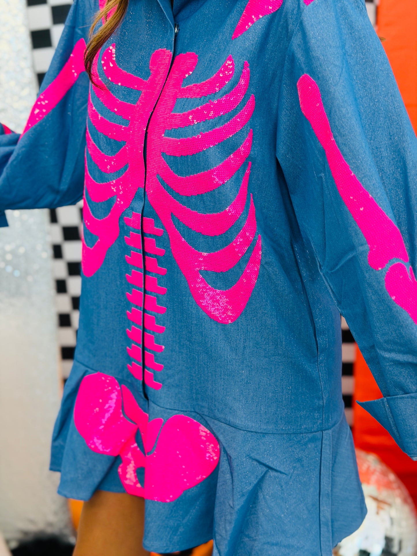 Queen Of Sparkles Denim & Pink Sequin Skeleton Mini Dress (Reg. and Plus)