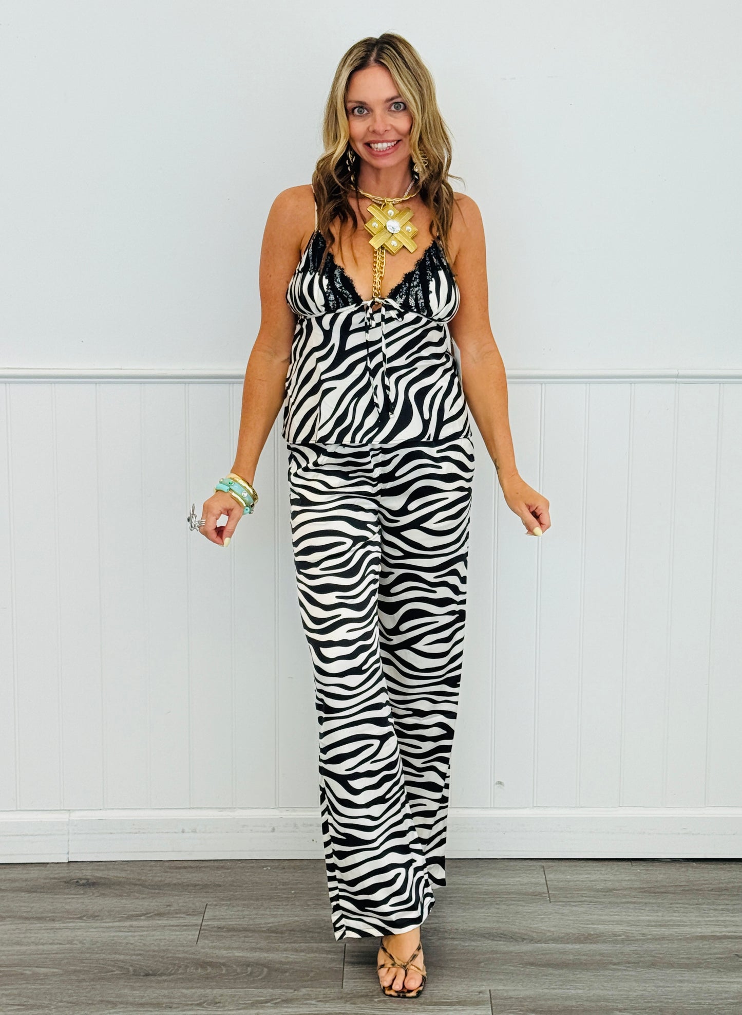 Black Satin Zebra Print Cami Top & Pant Set (Reg.)