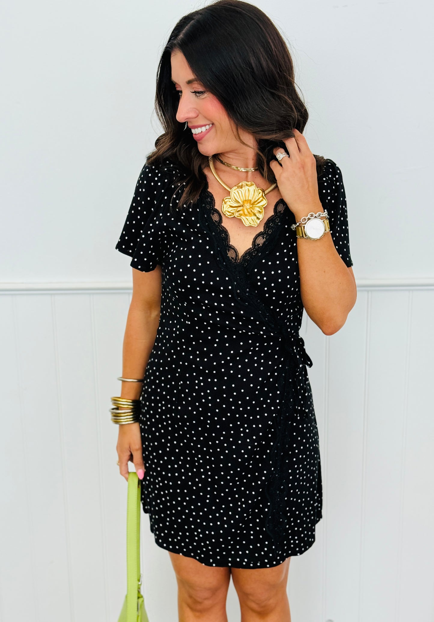 Black/White Polka Dot Wrap Mini Dress (Reg.)