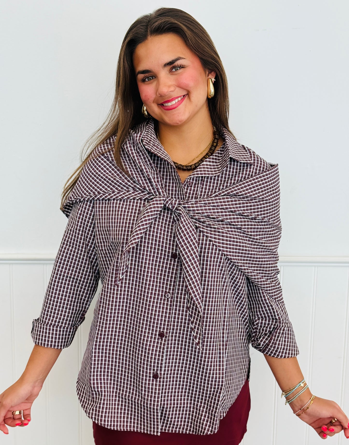 Wine Gingham Button Down Scarf Shirt (Reg.)