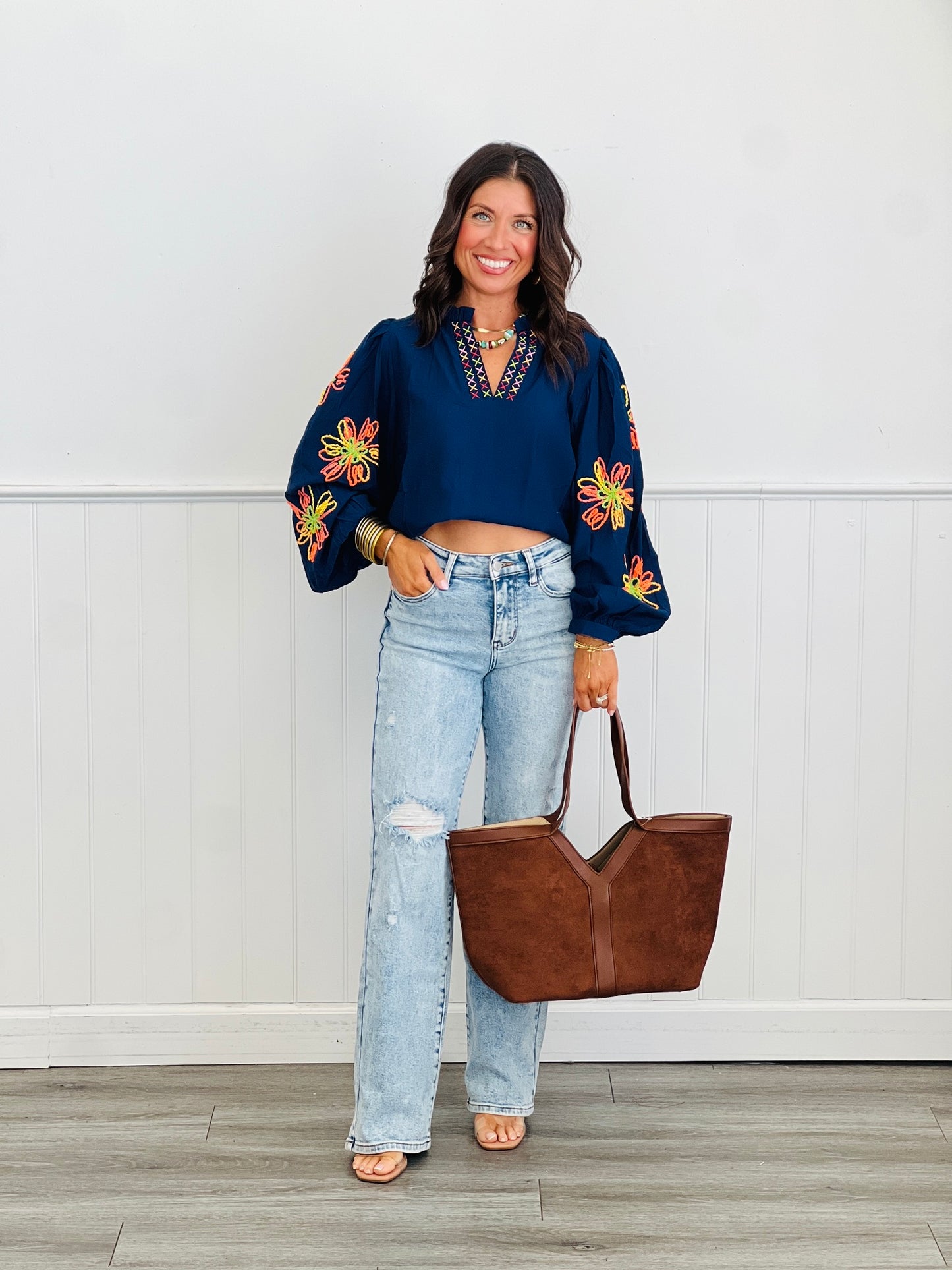 Navy Floral Embroidery Blouse (Reg. and Plus)