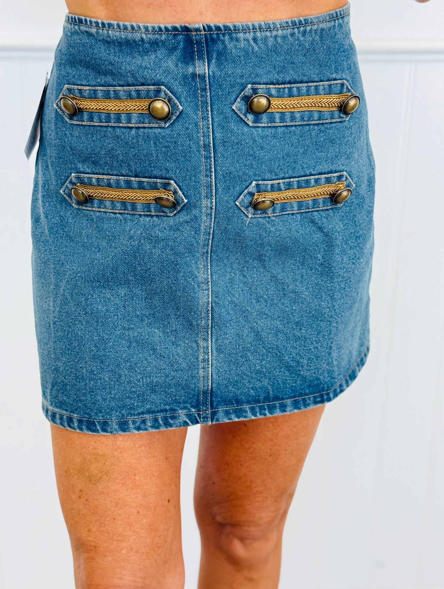 Braid Trim/Gold Button Denim Mini Skirt (Reg.)