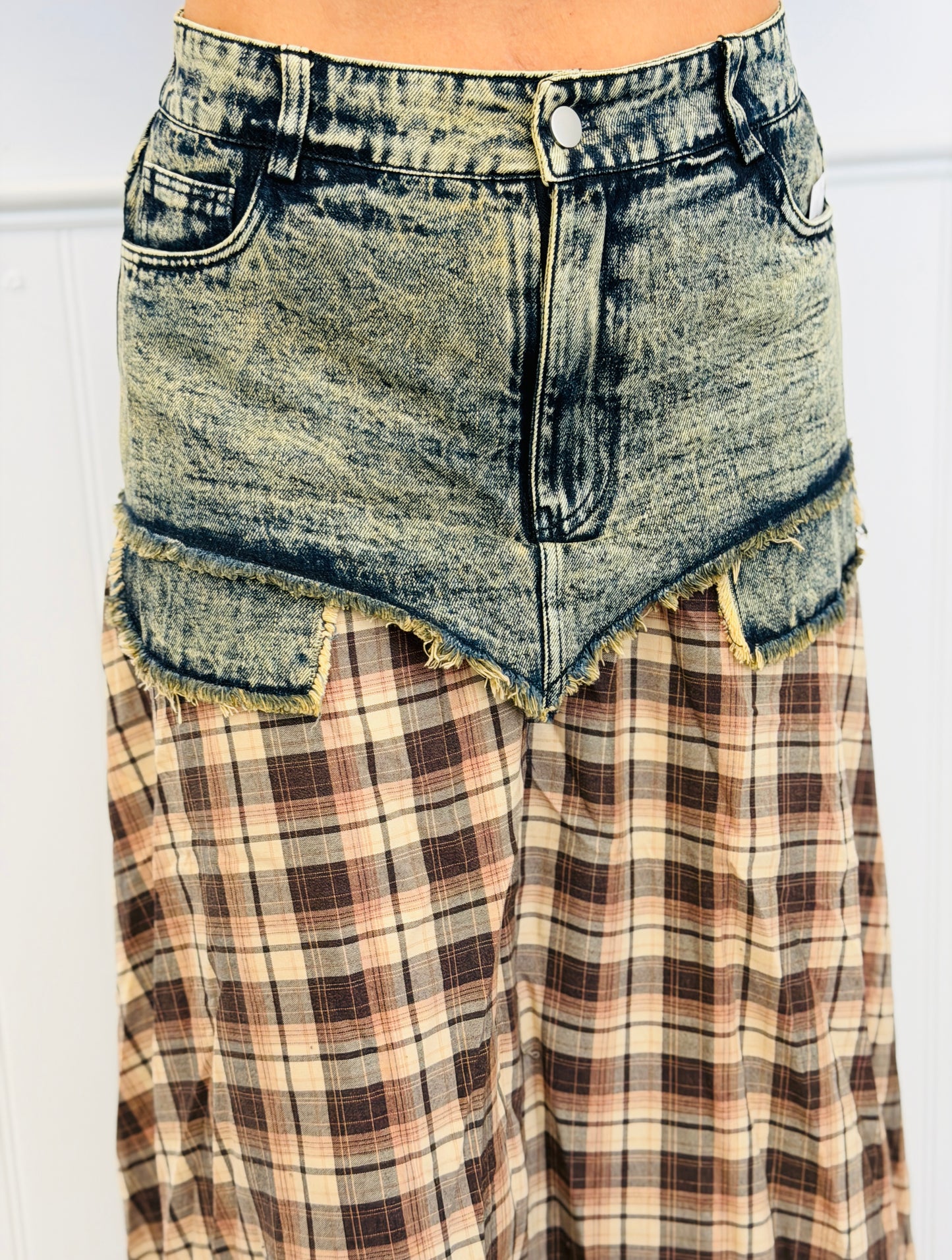 Brown Plaid & Denim Layered Maxi Skirt (Reg & Plus)