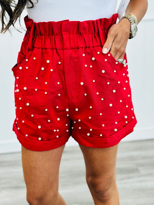 Red Pearl Studded Shorts (Reg)