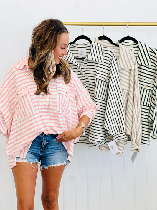 Striped Henley Collared Top (Reg.)-4 Colors