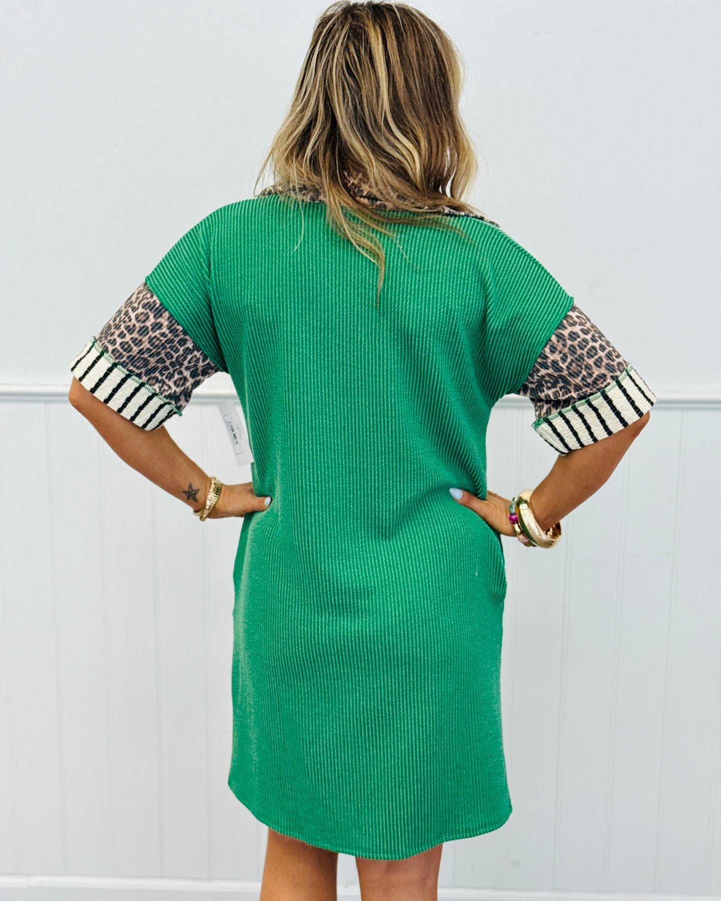 Kelly Green Contrast V-Neck Mini Dress (Reg. and Plus)
