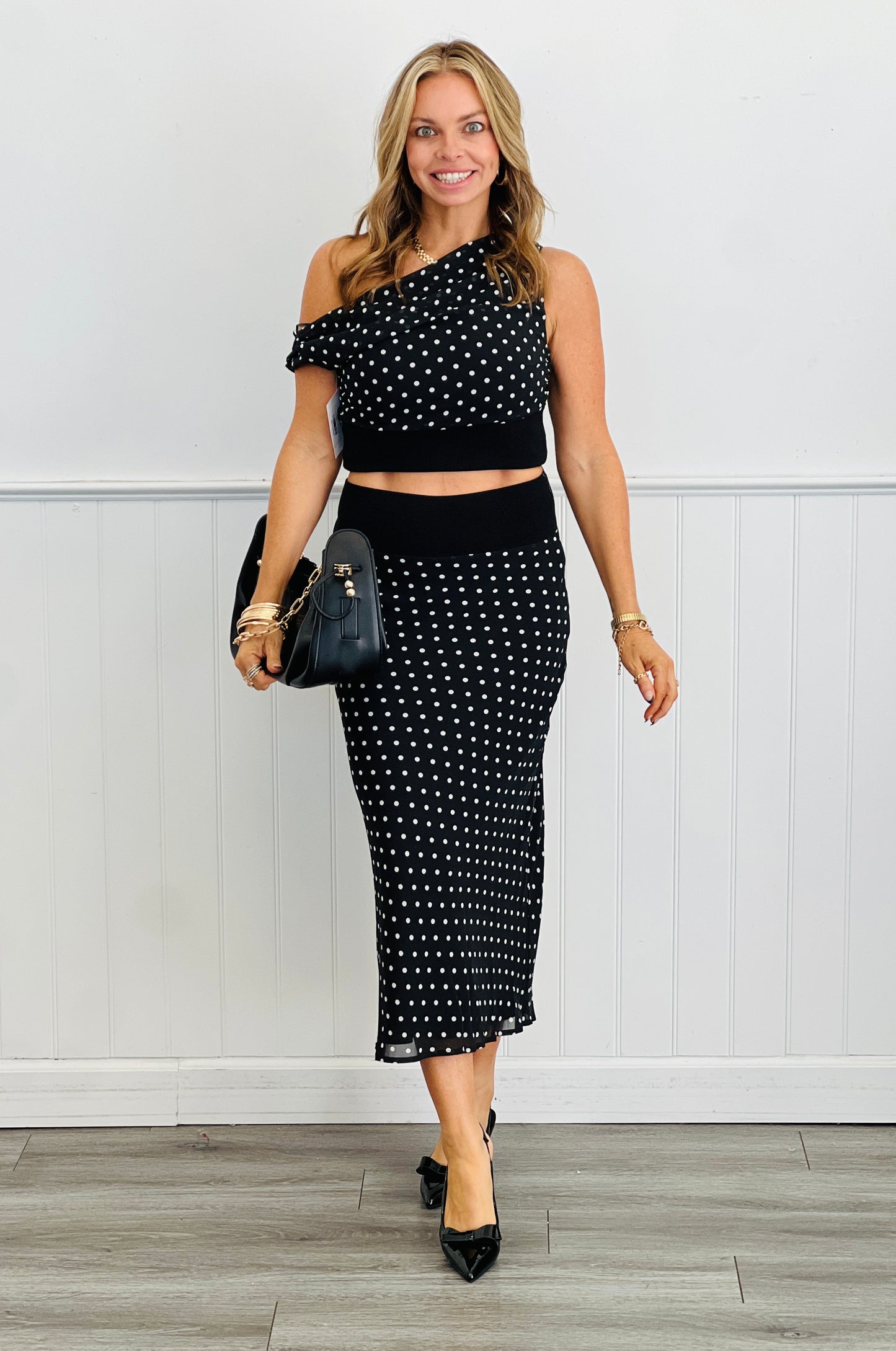Black/White Polka Dot Top & Midi Skirt Set (Reg.)