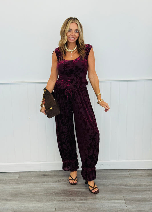 Burgundy Velvet Lace Trim Drawstring Pants (Reg.)