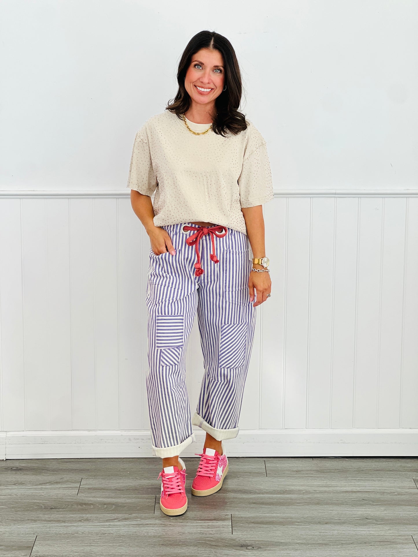 Lilac Striped Twill Barrel Pants (Reg & Plus)