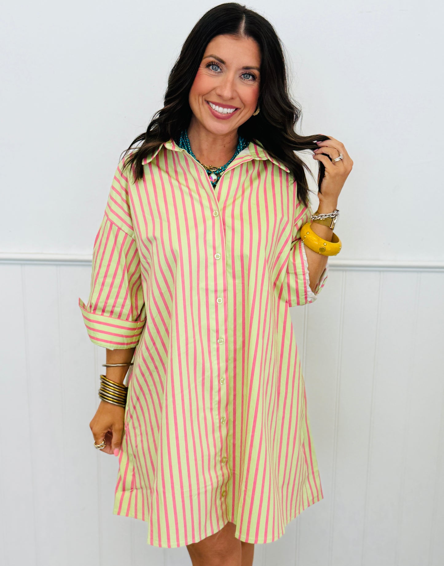 Avocado/Pink Striped Mini Shirt Dress (Reg & Plus)