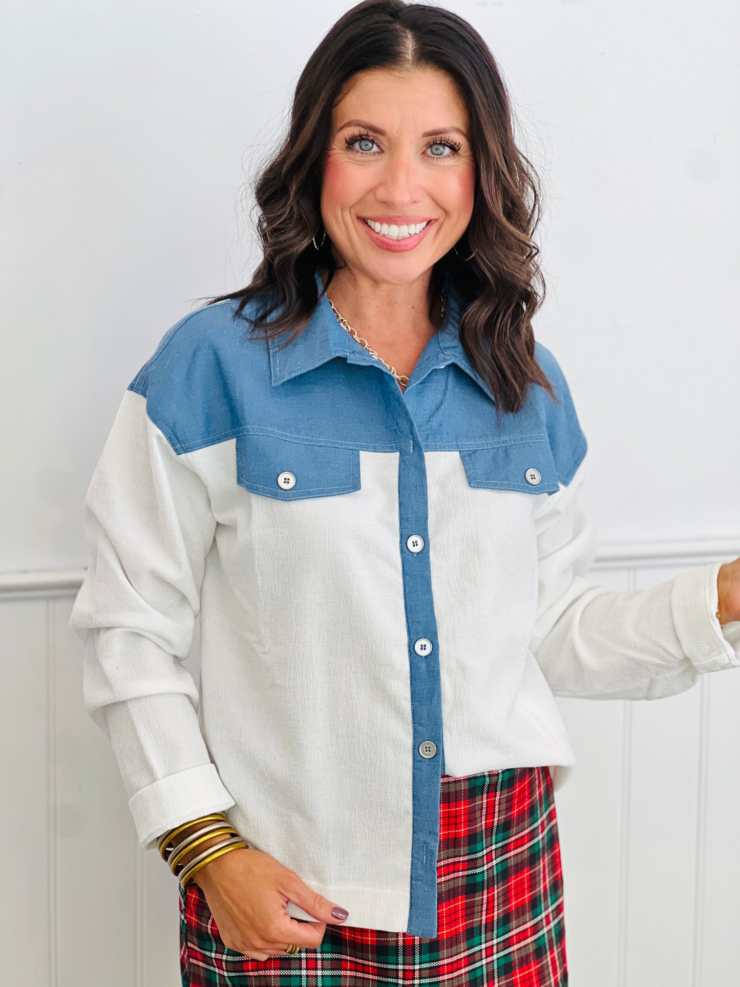 Chambray Contrast Button Down Shacket (Reg. and Plus)