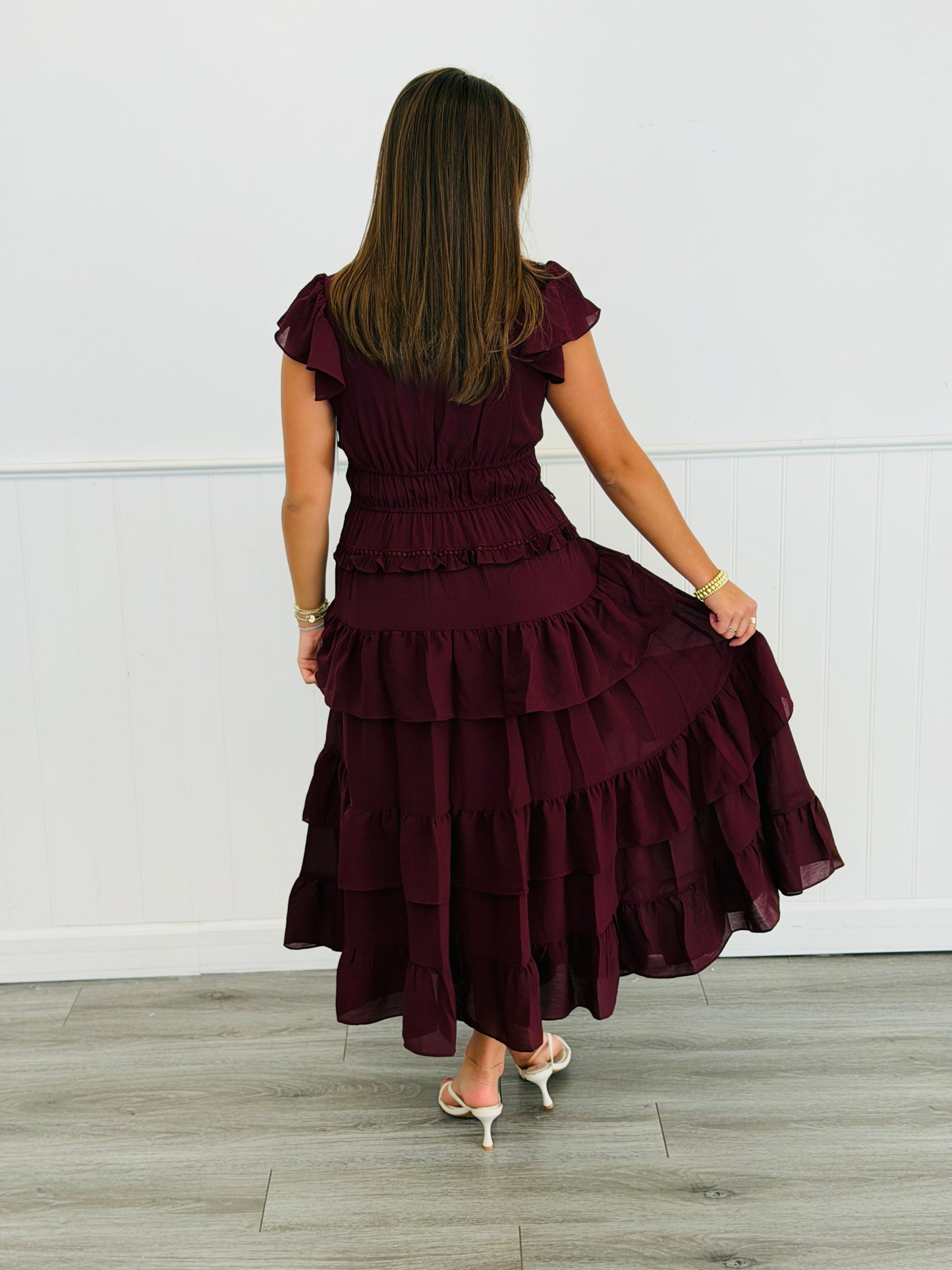 Dark Wine Ruffled Tiered  Midi Dress (Reg & Plus)