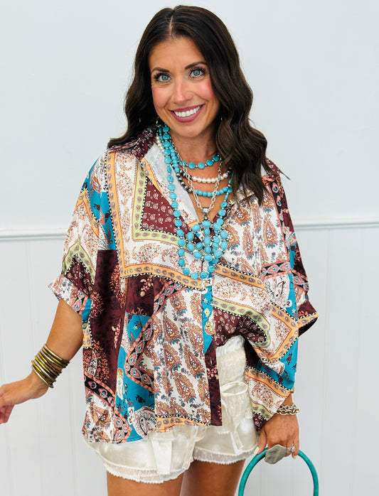 Brown Satin Print Oversized Shirt (Reg & Plus)