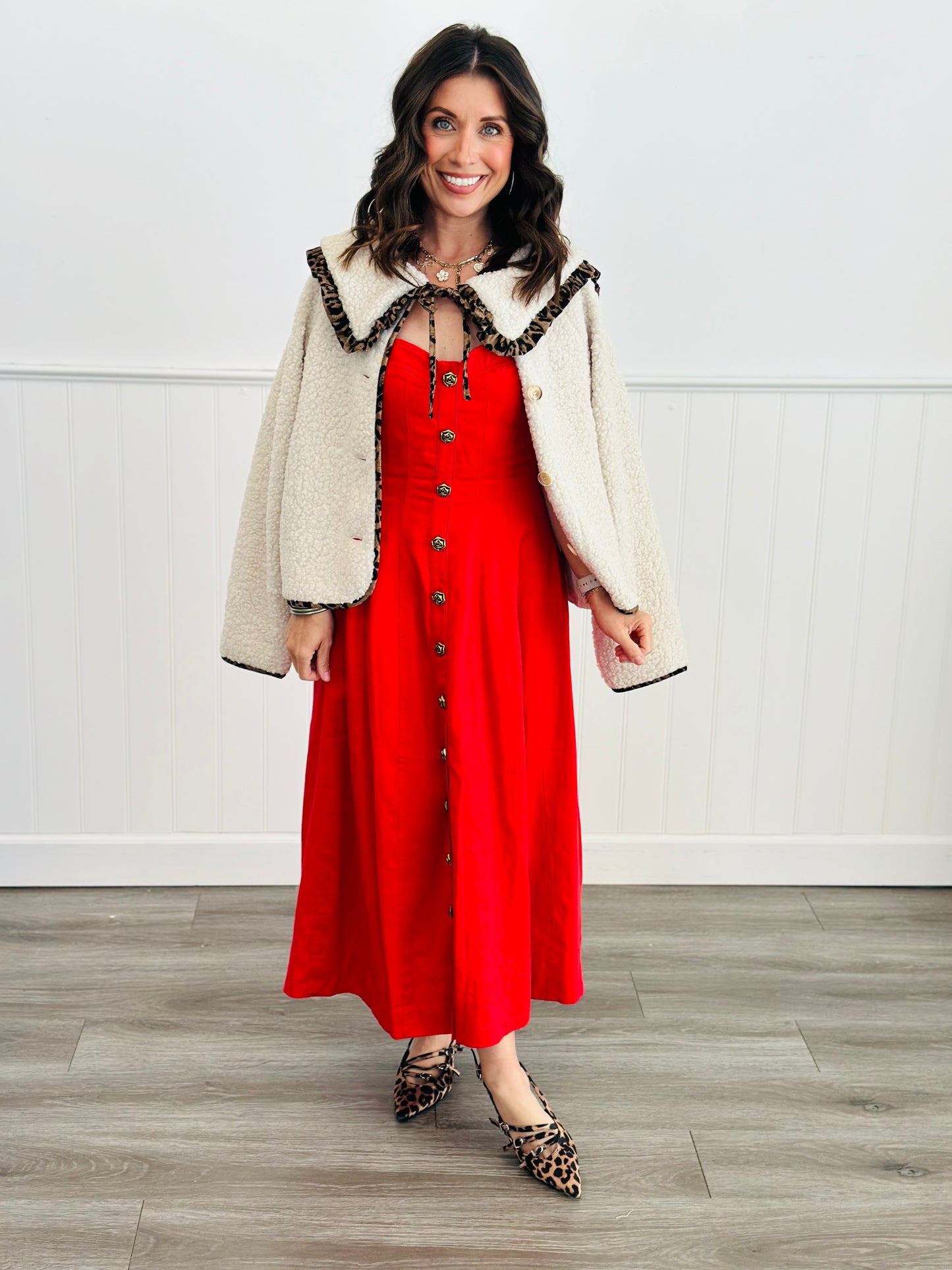 Red Flirty Rose Button Down Midi Dress (Reg.)