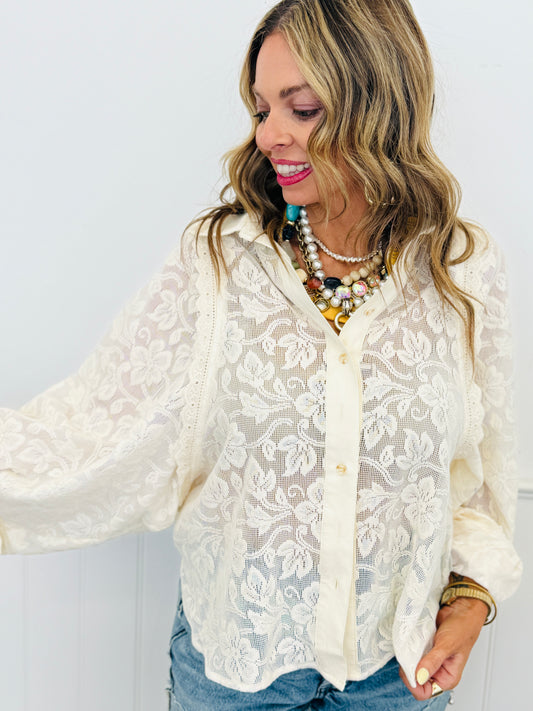 Ivory Floral Lace Button Up Top (Reg. and Plus)