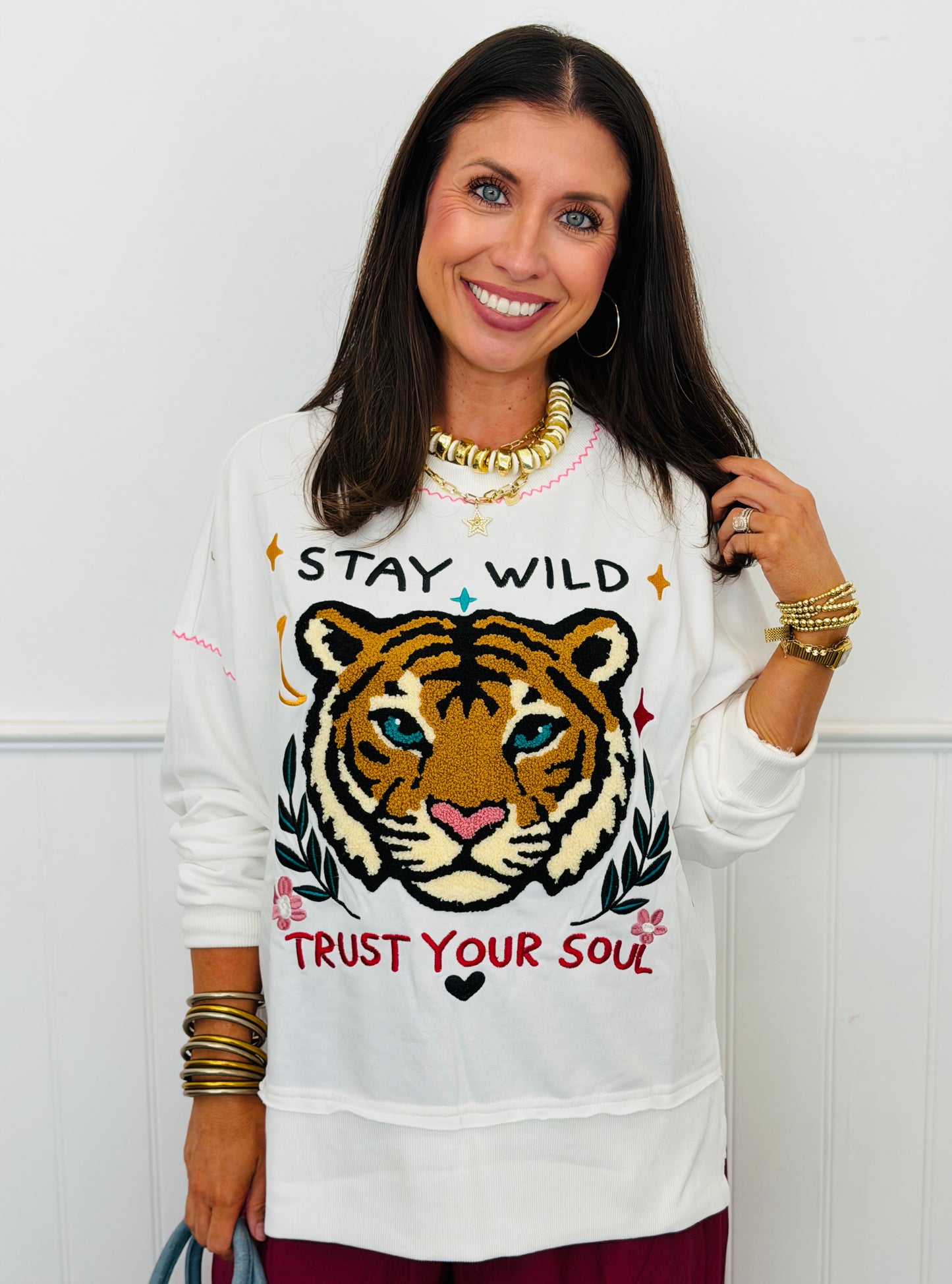White Stay Wild Tiger Patch Sweatshirt (Reg & Plus)