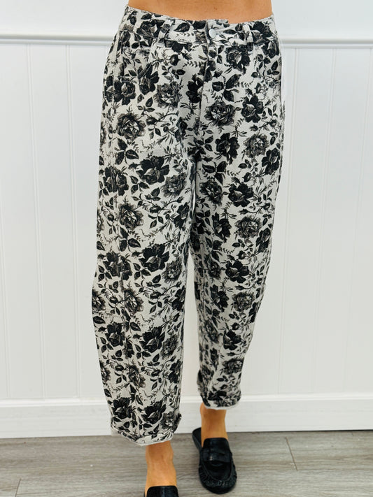 Grey/Black Rose Print Barrel Jeans (Reg & Plus)