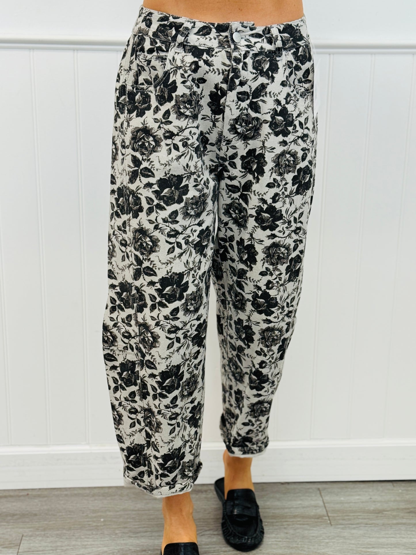 Grey/Black Rose Print Barrel Jeans (Reg & Plus)