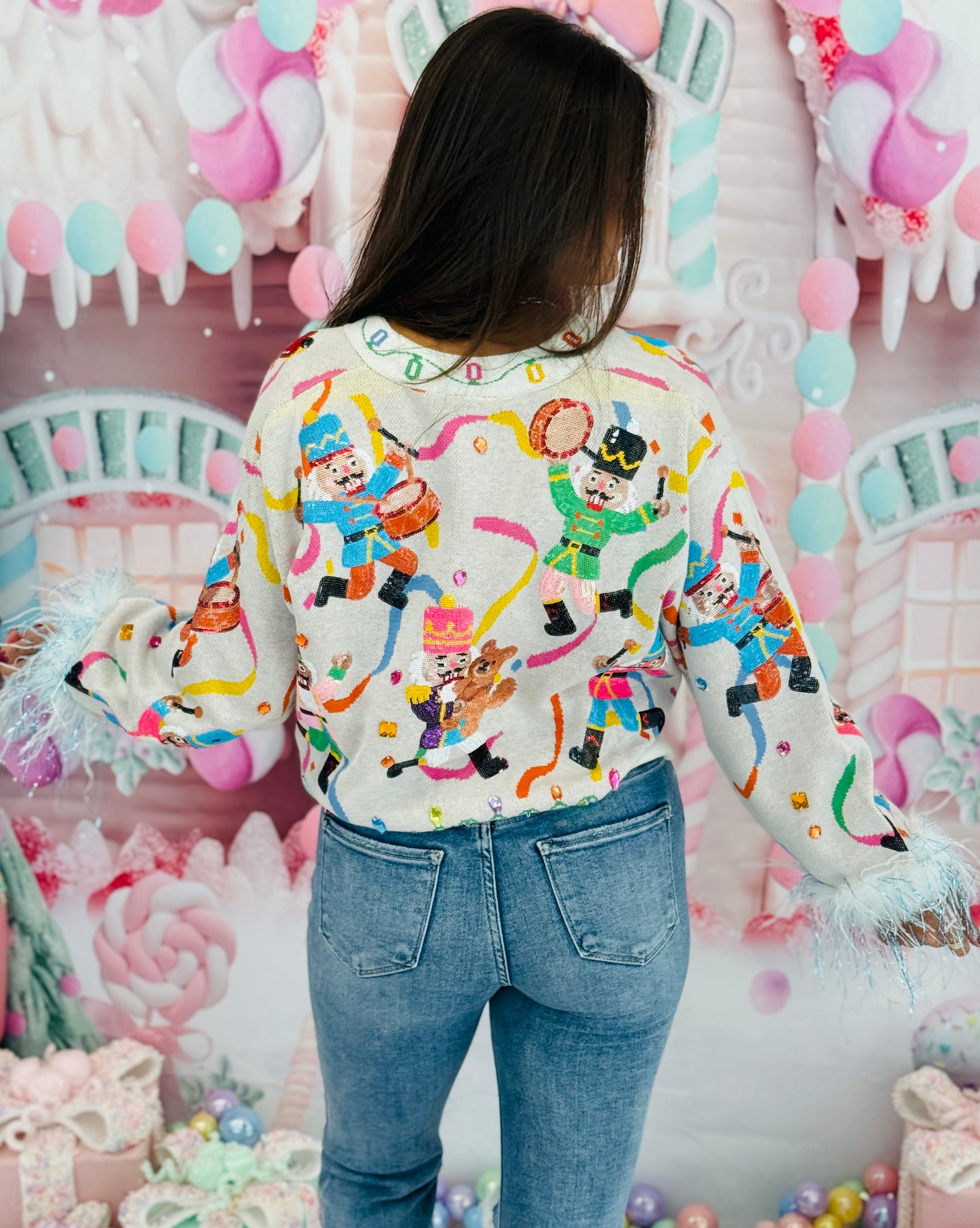 Queen Of Sparkles Multi Drummin Nutcracker Button Up Feather Sleeve Cardigan (Reg. & Plus)