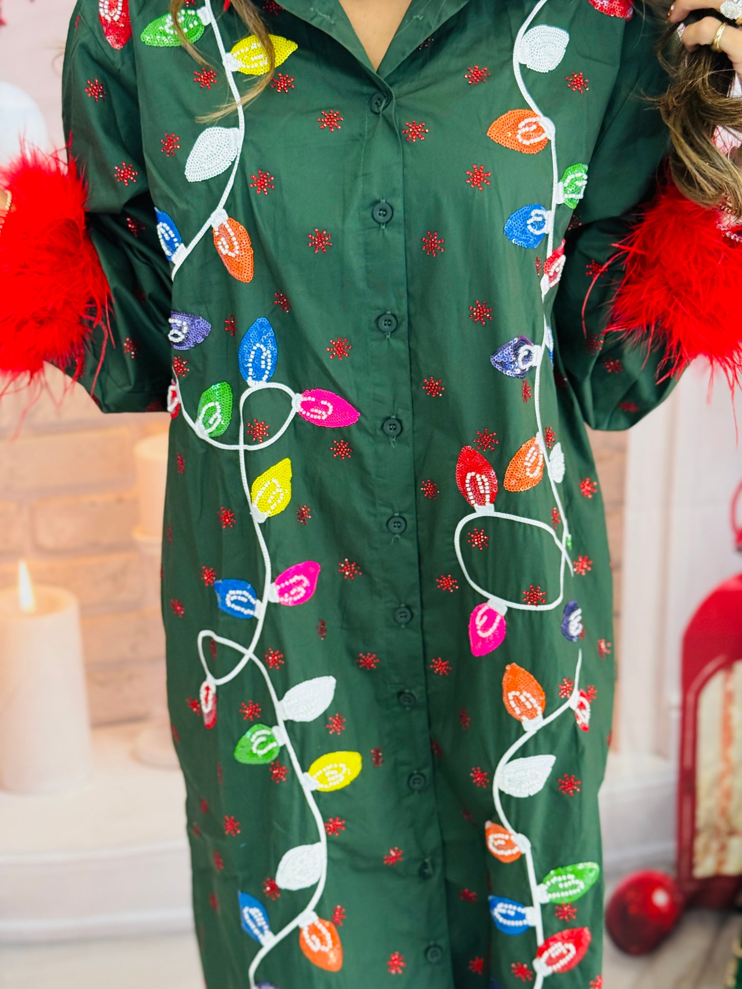 Queen Of Sparkles Dk Green Multi Christmas Lights Feather Trim Midi Dress (Reg. and Plus)
