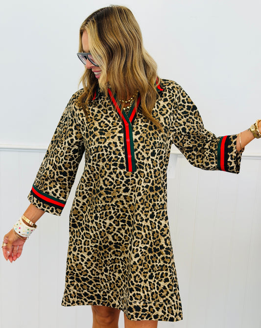 Leopard Contrast Trim Mini Dress (Reg.)