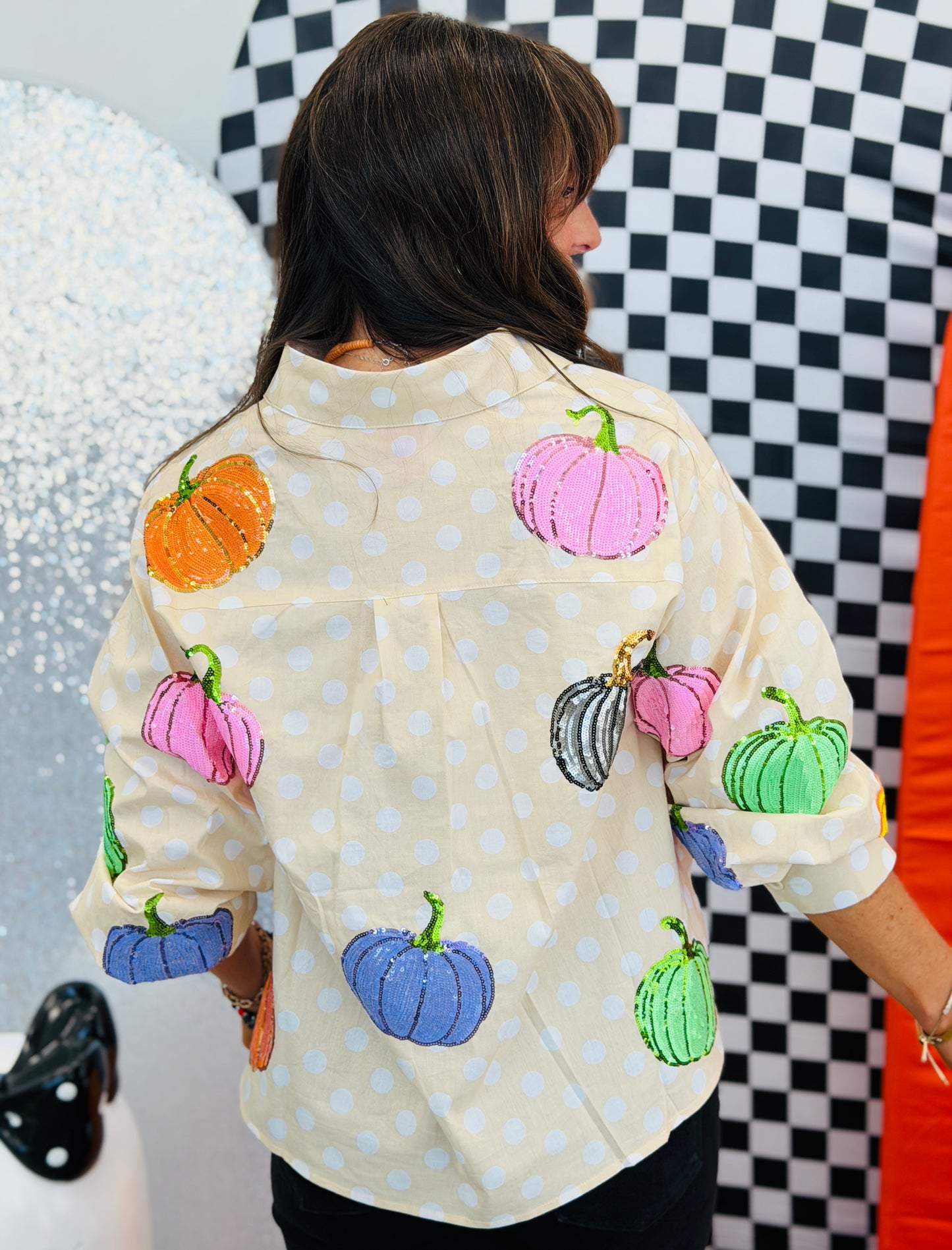 Queen Of Sparkles Beige & White Polka Dot Pumpkin Button Up Top (Reg. and Plus)