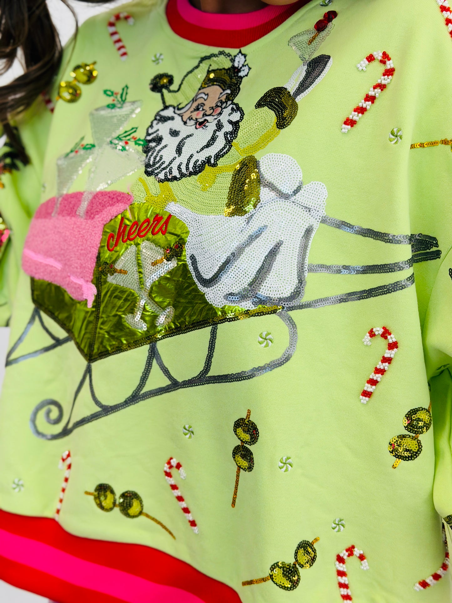 Queen Of Sparkles Light Green Martini Vintage Santa Sweatshirt (Reg. & Plus)