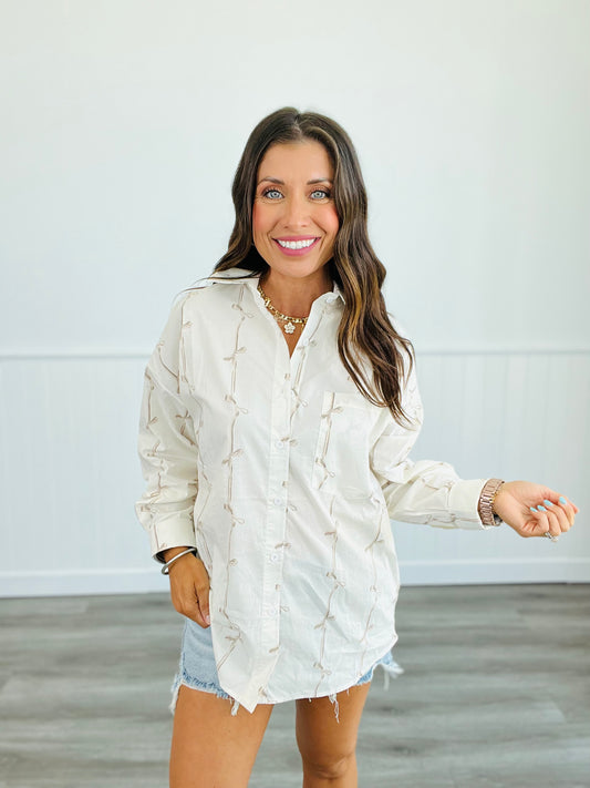 Ivory Ribbon Bow Button Down Top (Reg.)