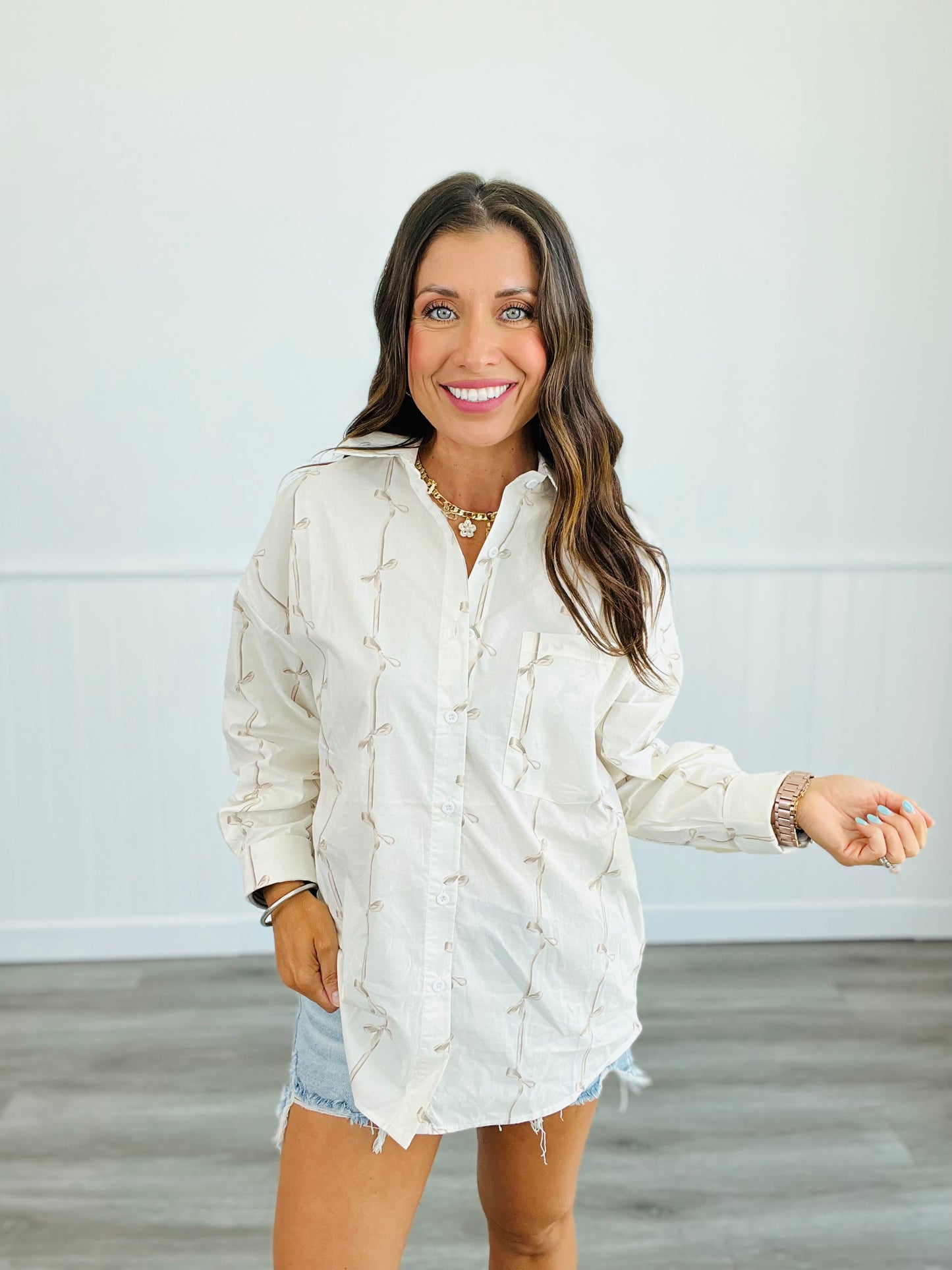 Ivory Ribbon Bow Button Down Top (Reg.)