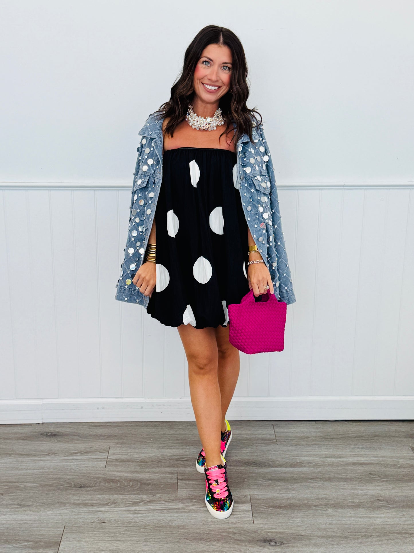 Black Polka Dot Bubble Hem Mini Dress (Reg.)