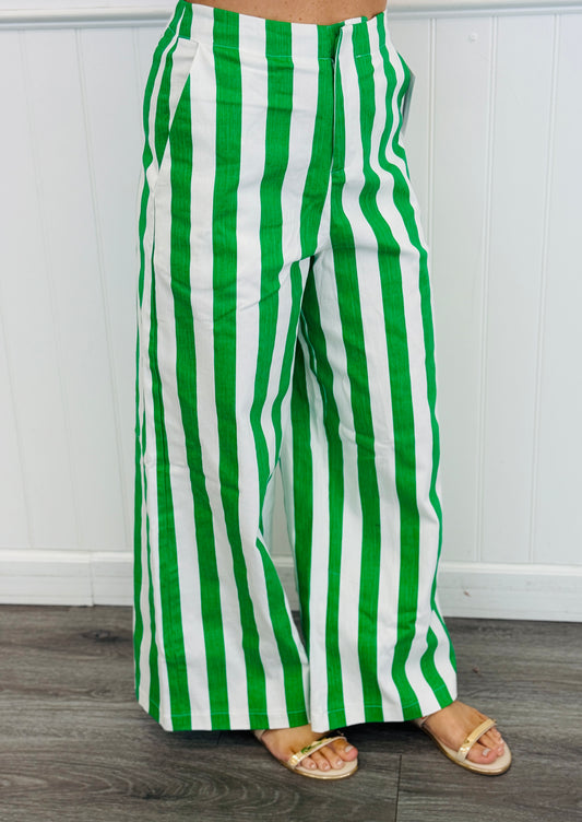White/Kelly Green Bold Stripe Wide Leg Pants (Reg)