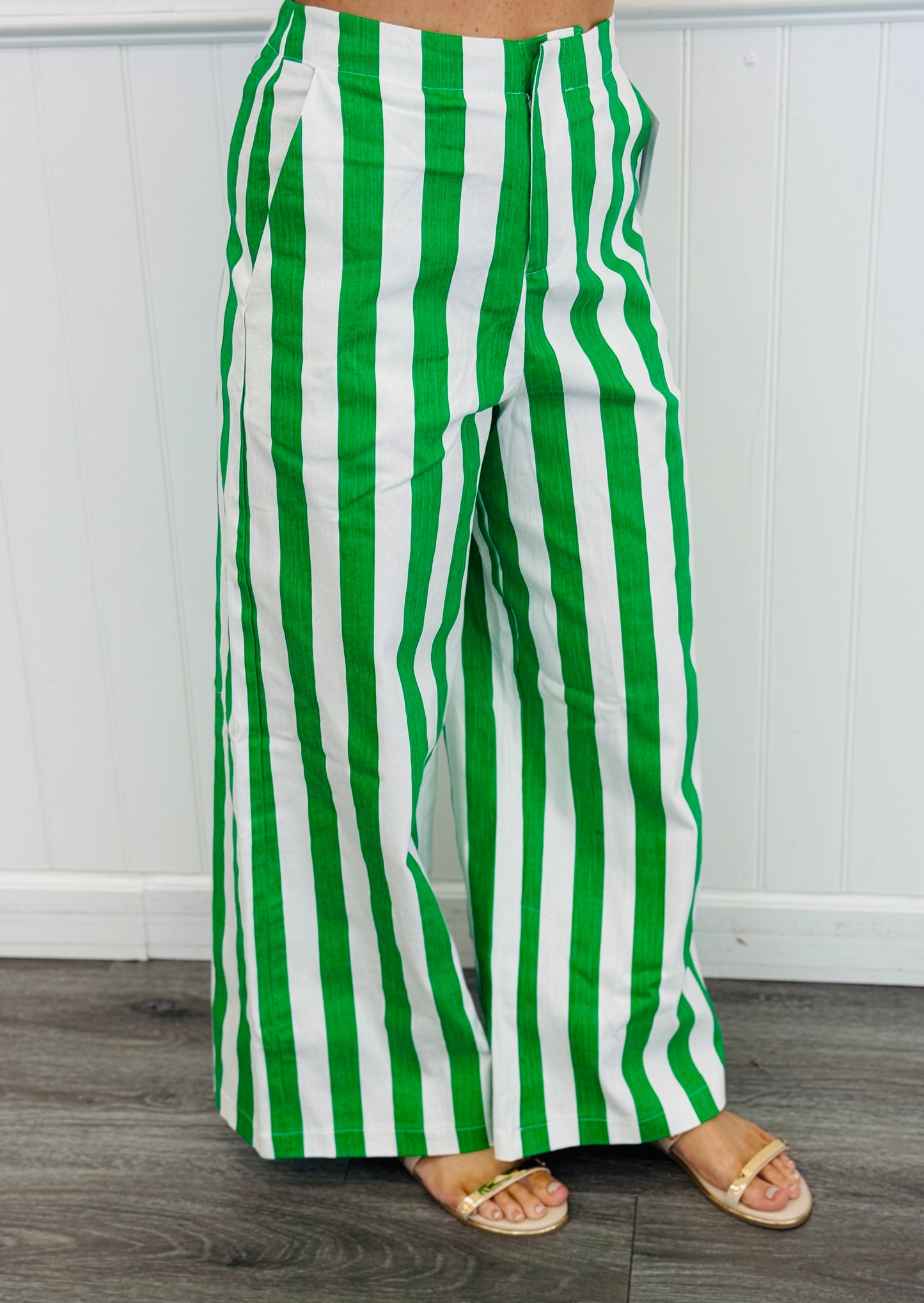White/Kelly Green Bold Stripe Wide Leg Pants (Reg)