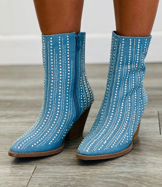 Blue Denim Rhinestone Ankle Boots
